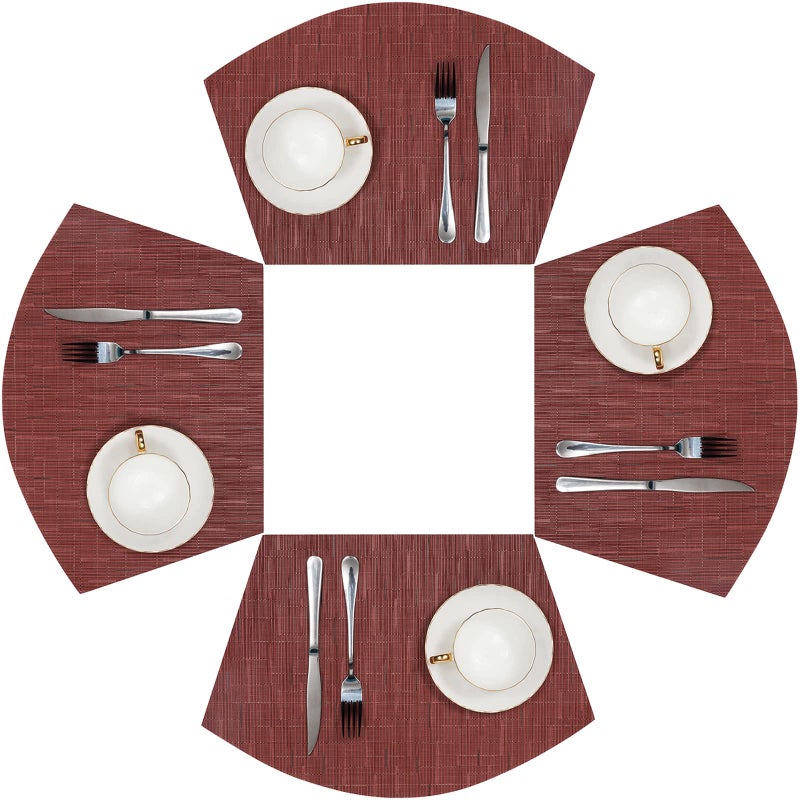 SHACOS Small Round Table Placemats Set of 4 Wedge Placemats Burgundy Red Heat Resistant Table Mats Wipe Clean (4, Burgundy Red) - Image 1